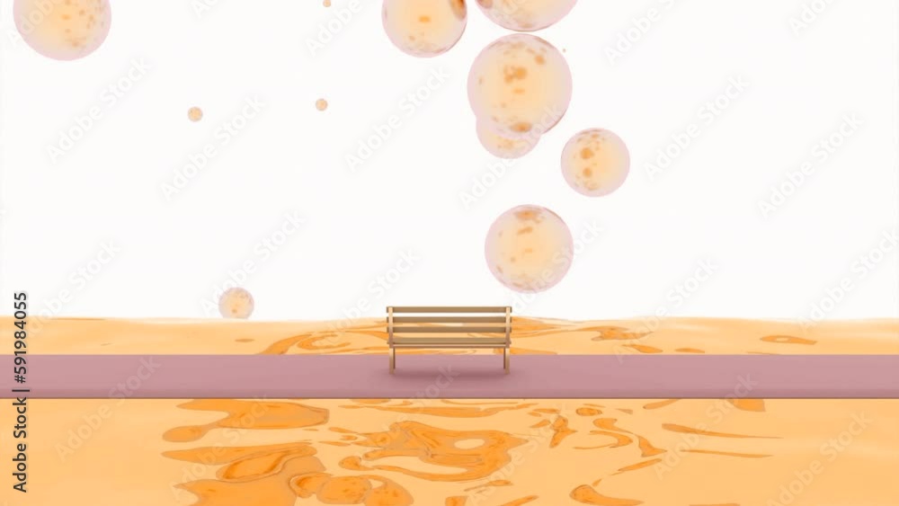 Poster 3d animation with bench. design. 3d animation of space with bench and bubbles. bench wit colored riv