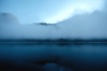 Beautiful landscape view of pine forest tree under the clouds and lake view