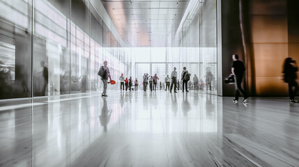 Modern business center with blurry movements of people. Fashionable glass light hall with walking business people, abstract image. Generative AI. High quality illustration