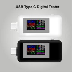 USB Tester, Current Voltage Meter Timing Ammeter Digital Monitor Cut off Power Indicator Bank Charger vector illustration