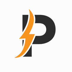 Initial Electric Logo on Letter P Concept With Power Icon, Volt Thunder Symbol