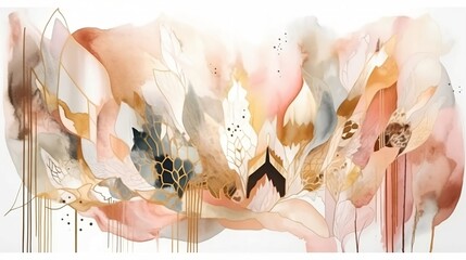 Modern abstract art watercolor illustration with blush elements, pink, ivory, beige and gold elements, on white background, AI genereted
