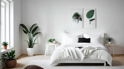 Light interior with white bed and window. Posters on white wall.