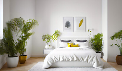 Modern interior with white bed and plants. Posters on white wall.
