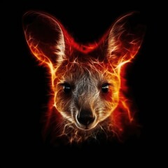 Cute Baby Kangaroo Face Shape In Red Fire On Black Background. Generative AI