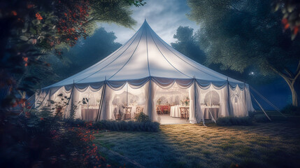 Wedding tent at night. Beautiful event tent with floral decorations, festive table setting and luxury furniture outdoor in green natural background. Generative AI.