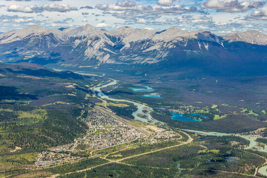 View of the townsite of Jasper in the Athabasca River Valley taken from The Whistlers mountain summit near the Skytram Upper Station in Jasper National Park; Jasper, Alberta Canada