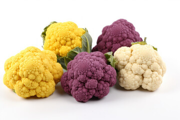Cauliflower, white cauliflower, yellow cauliflower, purple cauliflower on a white background,  generative ai, Fresh tasty vegetables, Fresh ingredients, cooking ingredients