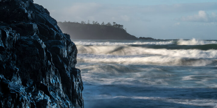Rugged rock along the coastline at Cox Bay Beach, Vancouver Island; British Columbia, Canada