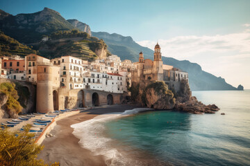 Fototapeta na wymiar Landscape with Atrani town at famous amalfi coast, Italy created with Generative AI technology