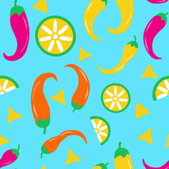 Seamless vector pattern with lime, chilli, pepper and nachos. Mexican traditional cuisine spices. Bright and fun background in cyan, yellow, green colors for kitchen or cooking