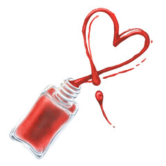 Watercolor illustration. A heart-shaped stain has spilled from a bottle of red nail polish. Isolated on a white background. For manicurist, beauty salons to create stickers, posters, prints