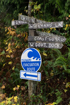Signpost with landmark and Tsunami Evacuation route signs in Bamfield on Vancouver Island; Bamfield, British Columbia, Canada