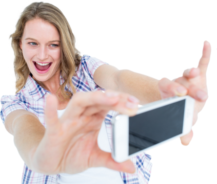 Pretty hipster taking selfie with smartphone