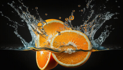 Fototapeta premium Fresh juicy orange slices splashing in a water closeup. Generative AI