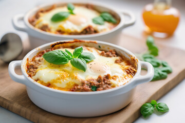 Italian baked eggs with meat and cheese decorated with basil. Generative AI.