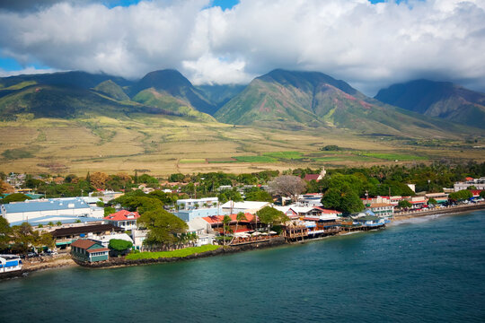 Aerial of the famous Front Street in the historical resort town of Lahaina, Maui, Hawaii, USA
