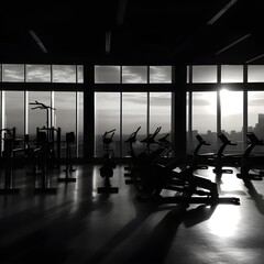 an empty gym in the night black and white illustration