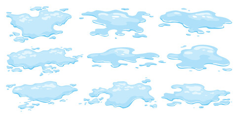 Water spill puddles set. Blue liquid various shape in flat cartoon style. Clean fluid drop design elements isolted on white background