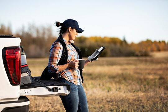 A farmer leaning on the tailgate of a half-ton truck taking the time for a coffee and using a portable wireless device to manage and monitor the fall canola harvest; Alcomdale, Alberta, Canada