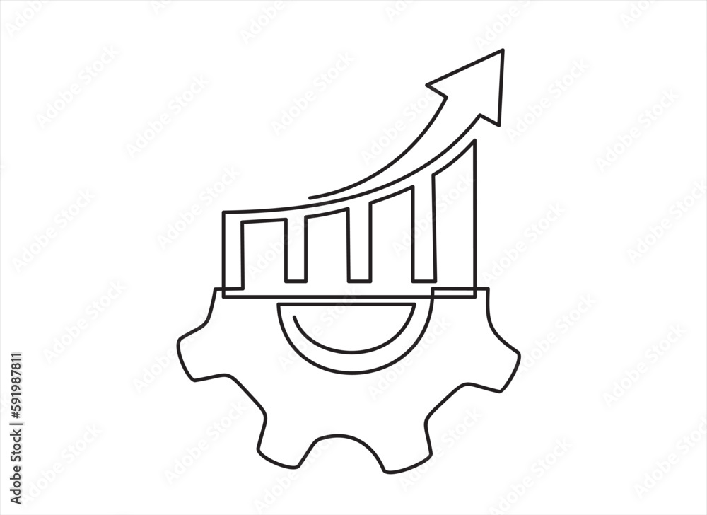 Poster continuous line drawing of gears and graph.continuous line drawing. startup business. vector illustr