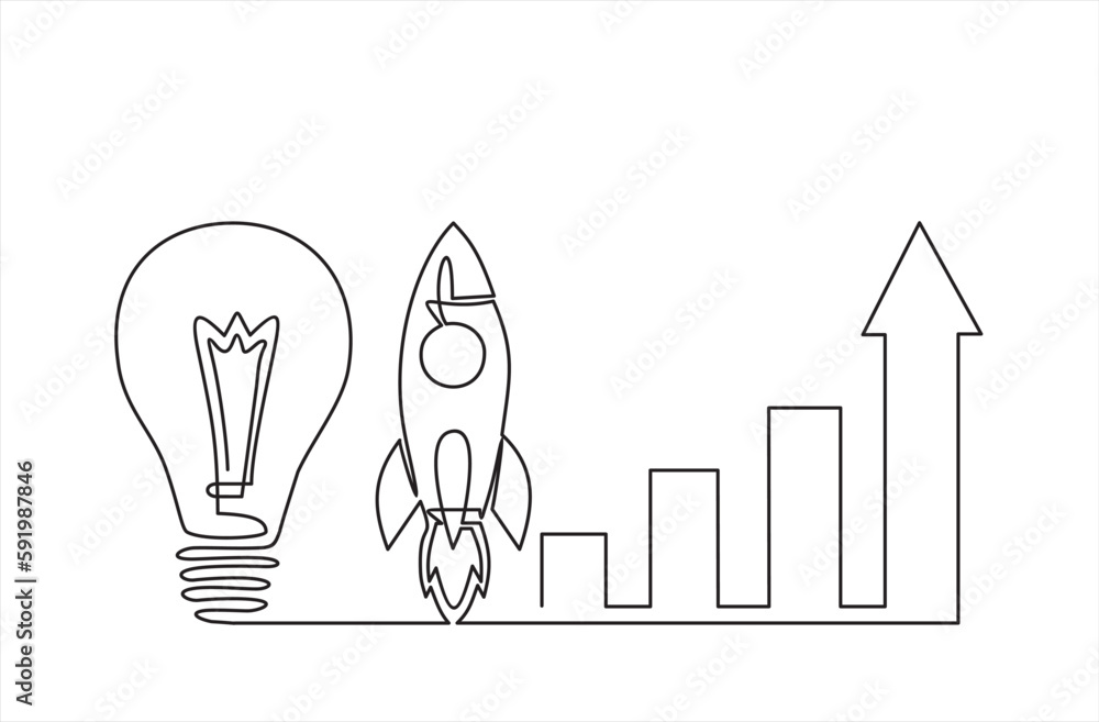 Poster continuous one line drawing of light bulb with increasing up arrows bar graph and rocket launch, shi