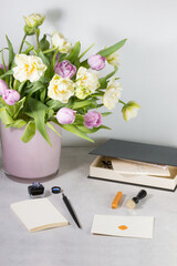 Set for handwritten: fountain pen, inkwell, seal and postcard.