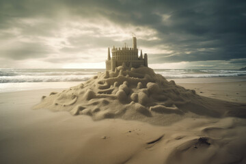 A large sandcastle fortress built on a sandy beach on a stormy day, AI generated digital artwork