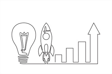 Continuous one line drawing of light bulb with increasing up arrows bar graph and Rocket launch, ship. Startup idea and winning education or business success