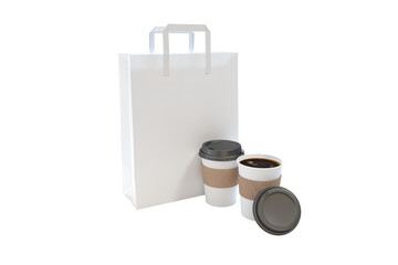 Composite image of disposable coffee cups and parcel bag