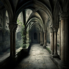 Interior of a convent or cloister. Generative AI.