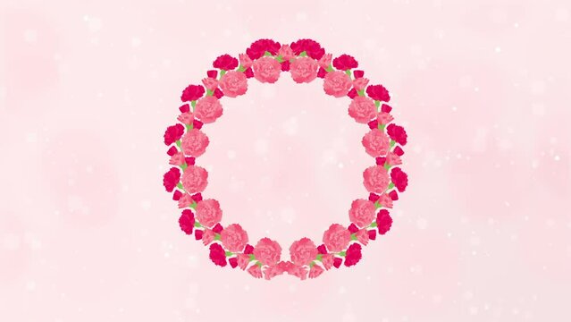 花 フレーム  ピンクのカーネーション　 輪　背景ライトピンク