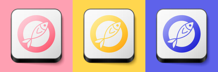 Isometric Dried fish icon isolated on pink, yellow and blue background. Square button. Vector