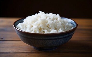 Bowl of rice on wooden table. Generative AI technology.