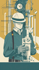 mechanical engineer in action, with simple geometric shapes and thin lines. The mechanical engineer is depicted wearing a hard hat, safety glasses, and a work vest
