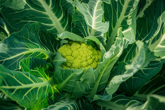 Close-up of a green Romanesco cauliflower (Brassica oleracea) in a field; Benissanet, Tarragona, Spain