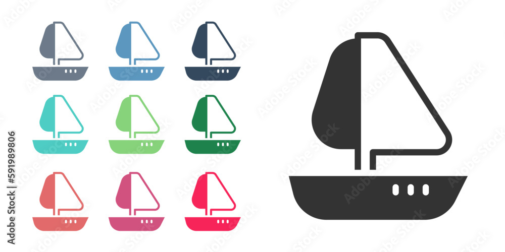 Sticker Black Yacht sailboat or sailing ship icon isolated on white background. Sail boat marine cruise travel. Set icons colorful. Vector