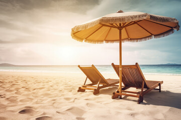 summer landscape with two wooden hammock with an umbrella on a tropical beach. Copy space. summer concept. Ai generative