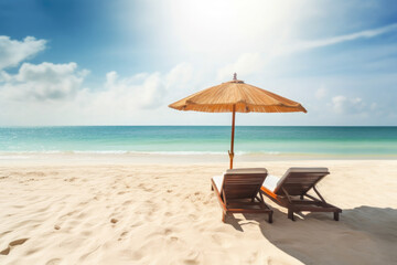 summer landscape with two wooden hammock with an umbrella on a tropical beach. Copy space. summer concept. Ai generative