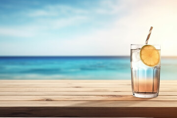 cocktail on wooden table and paradisiacal beach with the sea in the background. Copy space. Ai generative