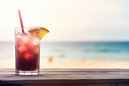 red cocktail on wooden table and paradisiacal beach with the sea in the background. Copy space. Ai generative