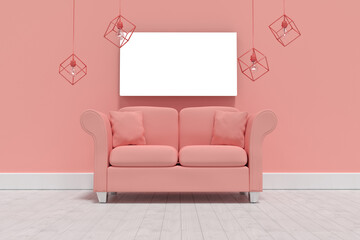 3d illustration of empty coral sofa with cushions