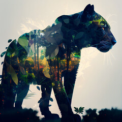 Abstract Double Exposure of Black Jaguar in Peaceful Amazon Jungle - Generative AI