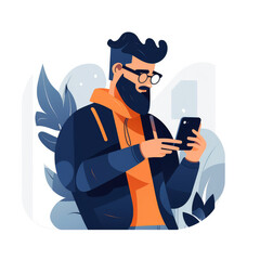 Man standing looking at his cell phone. Created with generative Ai technology.