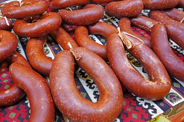 sausages ( turkish sucuk) on hangers in bazaar    