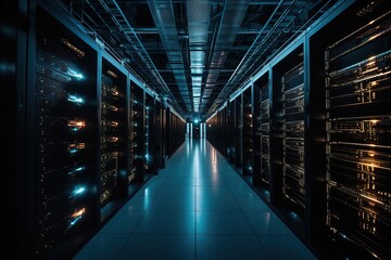 Fototapeta premium Installation of an IT infrastructure, server room data center, capturing the intricate process, teamwork, and skill required set against an ever-evolving technological backdrop. Generative AI