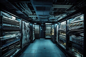 Installation of an IT infrastructure, server room data center, capturing the intricate process, teamwork, and skill required set against an ever-evolving technological backdrop. Generative AI