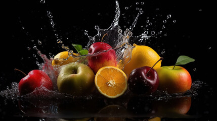 Naklejka premium Exploding food photography mix fruits smoothie, Generative AI