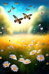 Бабочки на фоне летнего поля с ромашками.