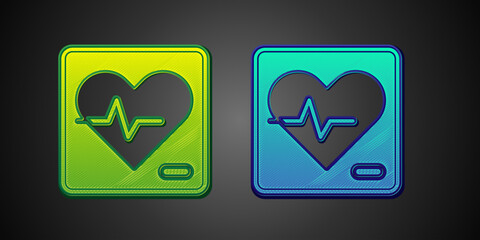 Green and blue Heart rate icon isolated on black background. Heartbeat sign. Heart pulse icon. Cardiogram icon. Vector